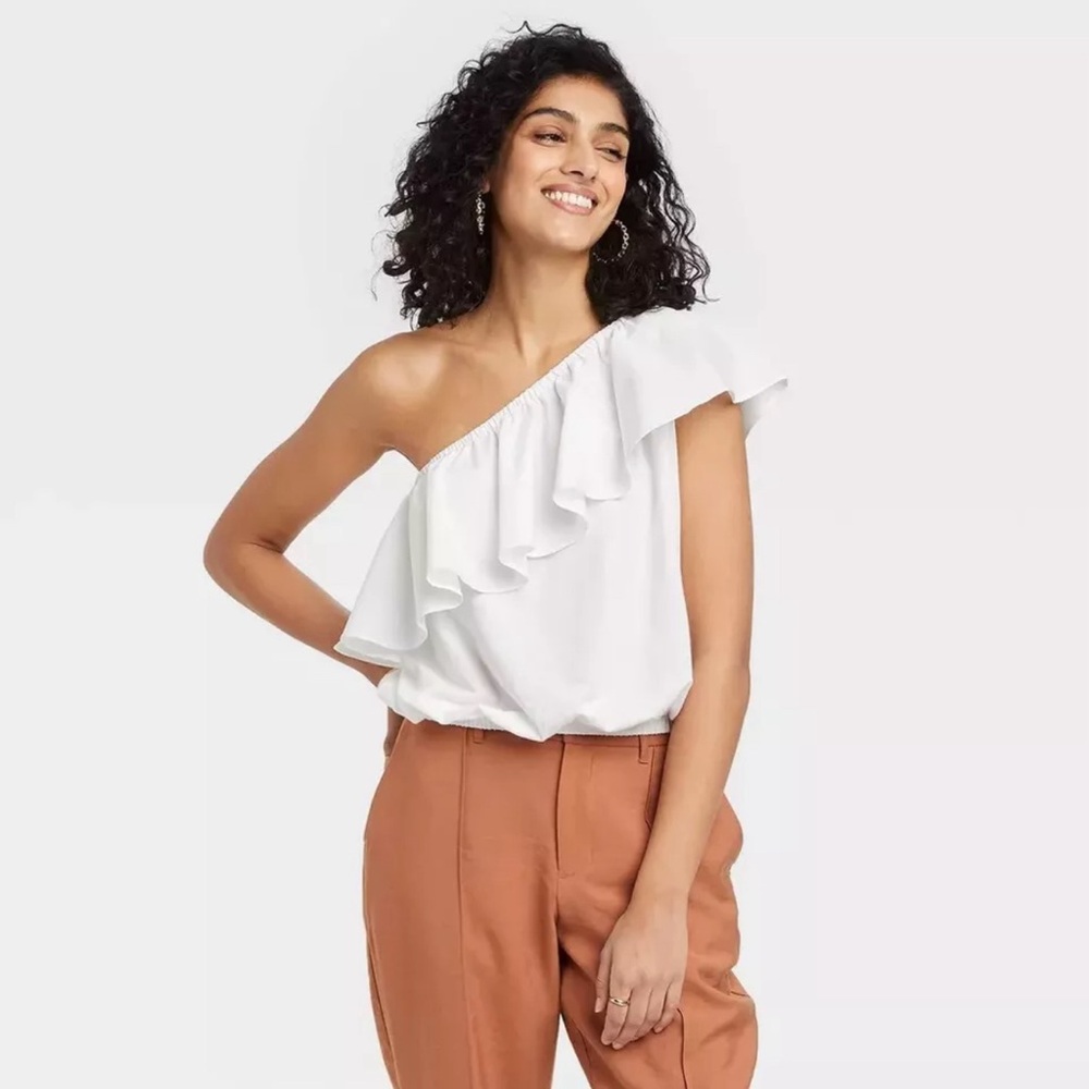 A New Day One Shoulder Ruffle Top White Size XXL NWT